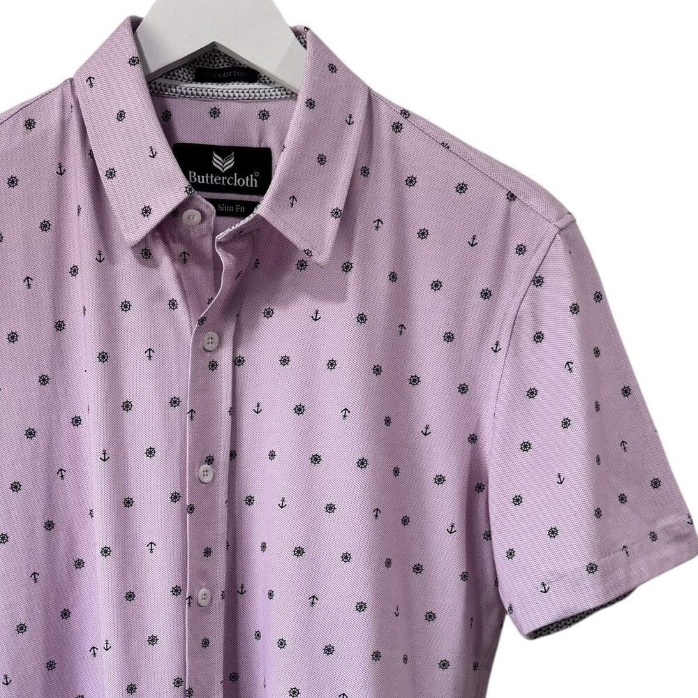 Buttercloth Shirt M Slim Fit Icy Cotton Stretch Anchor Print Soft Pink PRISTINE